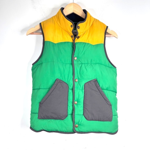 Mini Boden Colorblock Puffer Vest 9-10Y Snap Pockets Green Yellow Outdoor Fall - Picture 1 of 10